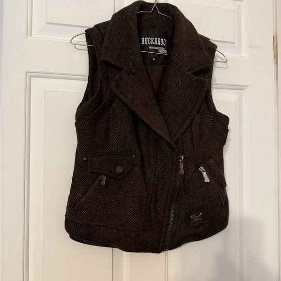 Buckaroo Jeans Vintage Wool Vest Brown Medium Collared Zip Metal Logo Western - Picture 2 of 10